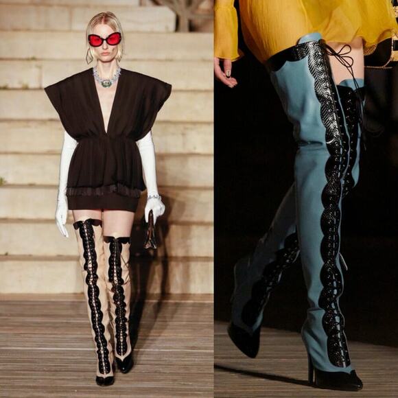 Gucci Harriet Light Rose Black Leather Lace Up Over The Knee Heeled Boots EU 38 - Picture 3 of 15